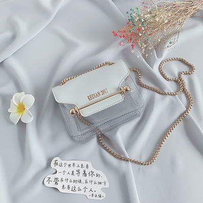 Модерна мини чанта с метална дръжка и прозрачно дъно, в бял, черен и розов цвят