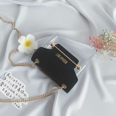 Модерна мини чанта с метална дръжка и прозрачно дъно, в бял, черен и розов цвят