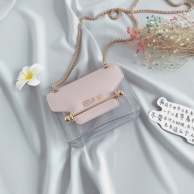 Модерна мини чанта с метална дръжка и прозрачно дъно, в бял, черен и розов цвят