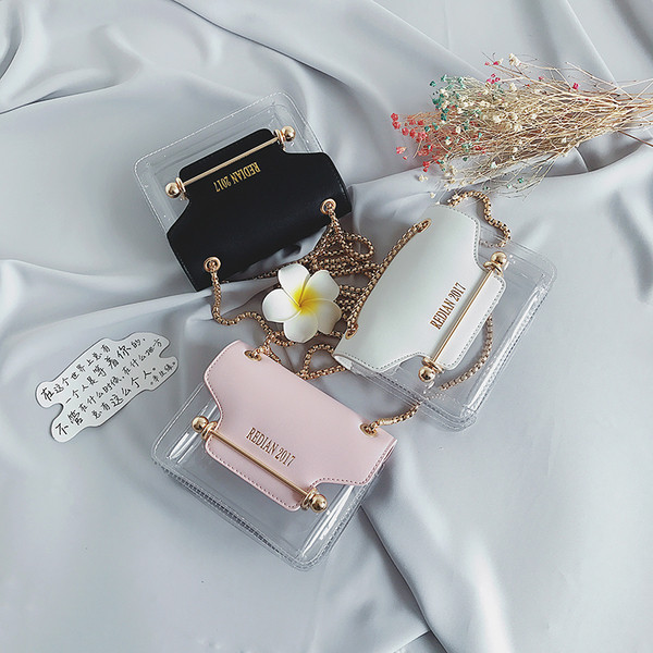 Модерна мини чанта с метална дръжка и прозрачно дъно, в бял, черен и розов цвят