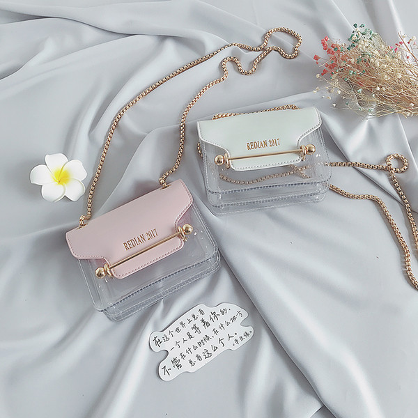 Модерна мини чанта с метална дръжка и прозрачно дъно, в бял, черен и розов цвят