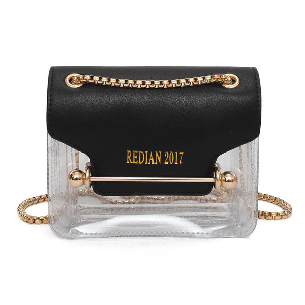 Модерна мини чанта с метална дръжка и прозрачно дъно, в бял, черен и розов цвят