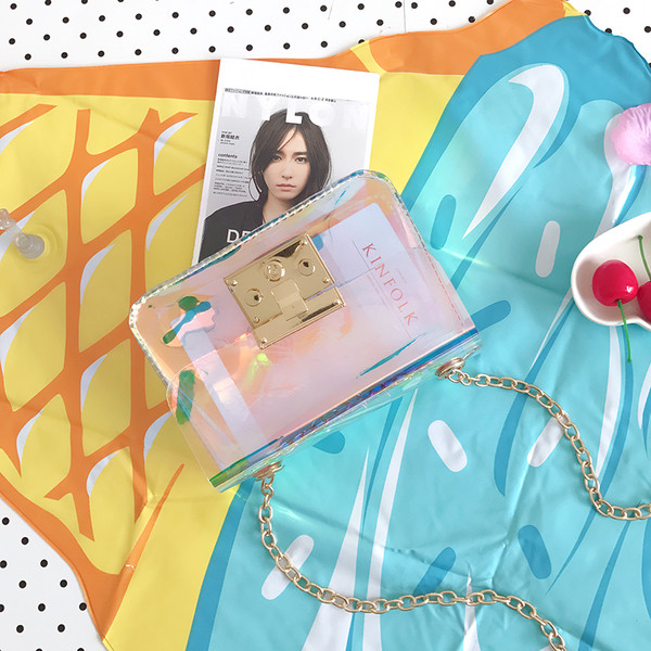 Мини прозрачна стилна дамска чанта с метална дръжка 