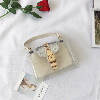 Модерна дамска чанта с прозрачно дъно и с две дръжки в черен, бежов и кафяв цвят