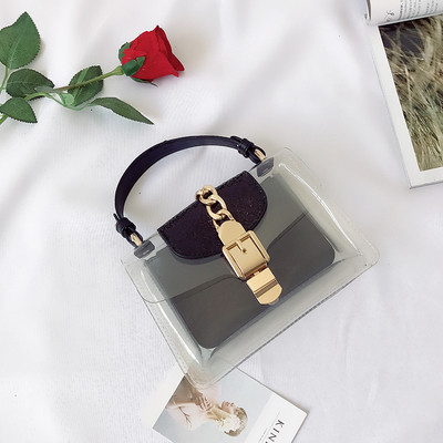 Модерна дамска чанта с прозрачно дъно и с две дръжки в черен, бежов и кафяв цвят