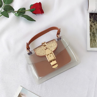 Модерна дамска чанта с прозрачно дъно и с две дръжки в черен, бежов и кафяв цвят