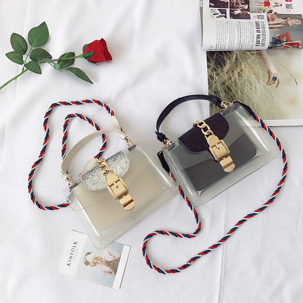 Модерна дамска чанта с прозрачно дъно и с две дръжки в черен, бежов и кафяв цвят