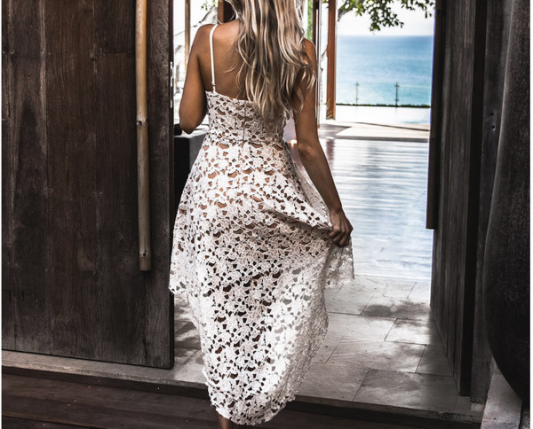 Κομψό κυρίες δαντέλα φόρεμα με V-λαιμό, άσπρο και κόκκινο