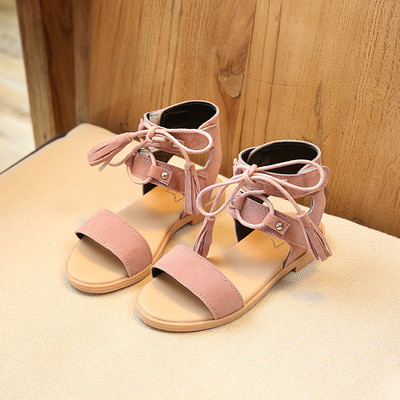 Ενδιαφέρουσες σανδάλια με μακρά δεσμούς γύρω από τον αστράγαλο για τα κορίτσια - 3 χρώματα