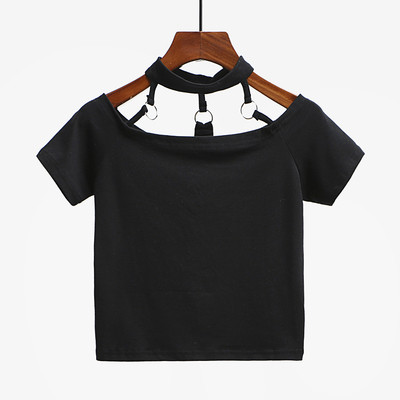 Καθημερινά κυρίες μπλούζα με κοντά μανίκια και ενδιαφέρον γύρω από ιμάντες με μεταλλικά διακοσμητικά