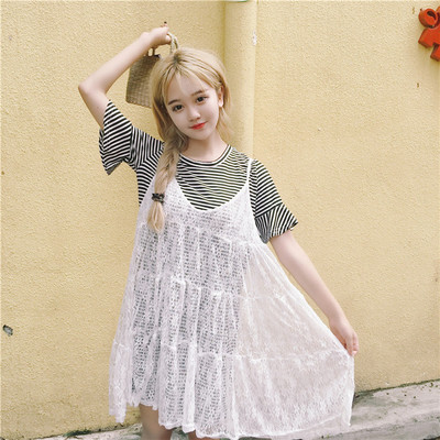 Καθημερινά σετ - δαντέλα φόρεμα και μακρύ ριγέ πουκάμισο με κοντά μανίκια