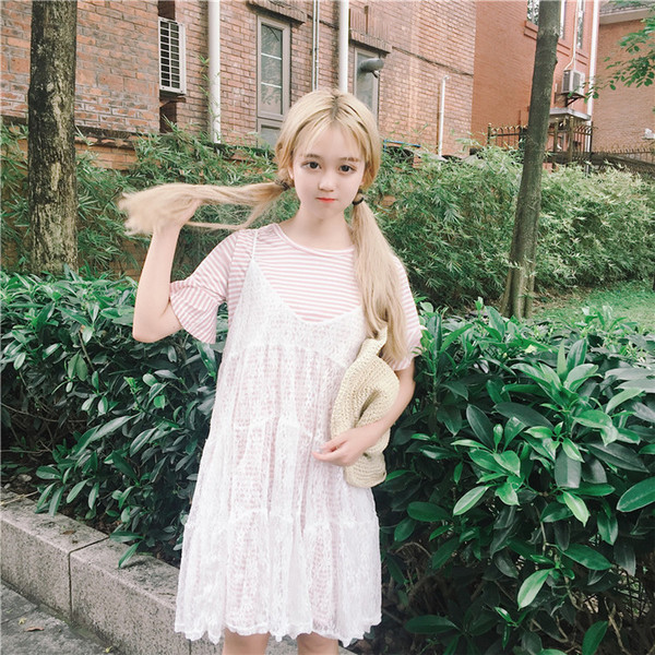 Καθημερινά σετ - δαντέλα φόρεμα και μακρύ ριγέ πουκάμισο με κοντά μανίκια