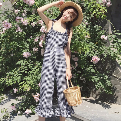 μακρύ καρώ jumpsuit Γυναικών με βολάν