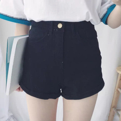 Дамски черни къси дънкови панталони с висока талия