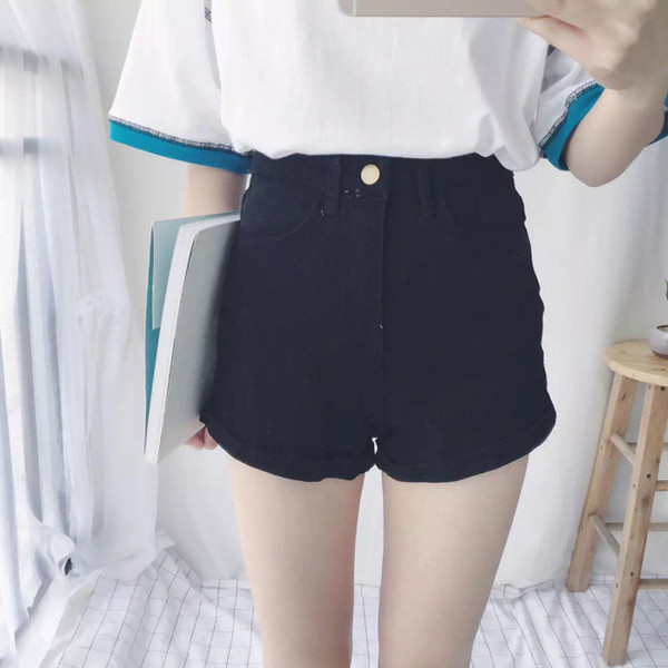 Дамски черни къси дънкови панталони с висока талия