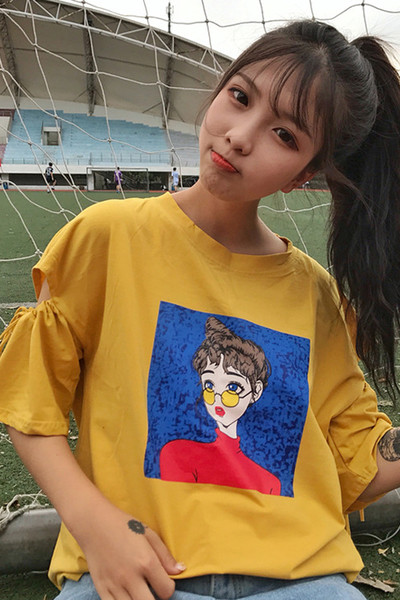 Πολύ ενδιαφέρον κυρίες T-shirt με φαρδιά μανίκια κατακερματισμένη και πολύχρωμο, διασκεδαστικό εκτύπωσης