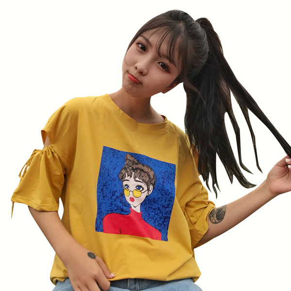 Πολύ ενδιαφέρον κυρίες T-shirt με φαρδιά μανίκια κατακερματισμένη και πολύχρωμο, διασκεδαστικό εκτύπωσης