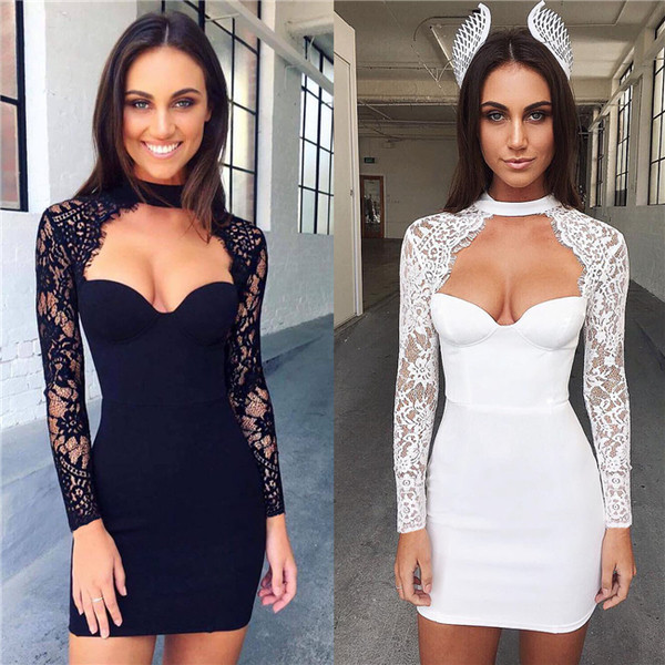 Πολύ απαλή βράδυ κυρίες φόρεμα σε μαύρο και άσπρο με μακριά μανίκια δαντέλα