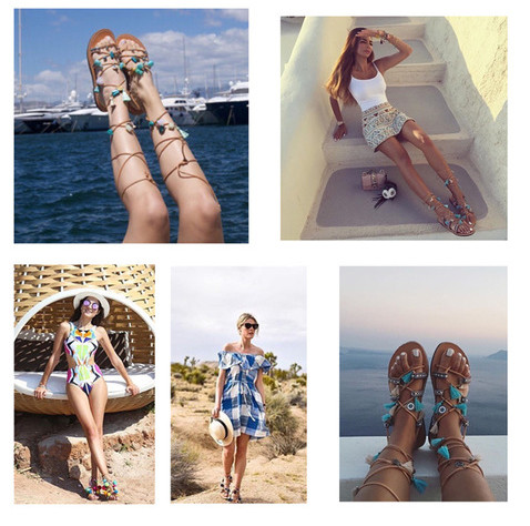 Υπερβολικό σανδάλια σε ρωμαϊκό στιλ με κρεμαστά φούντες