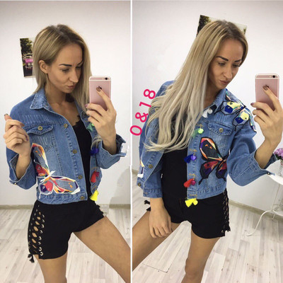 Hit κυρίες τζιν μπουφάν με ενδιαφέρουσες χρωματιστές στοιχεία