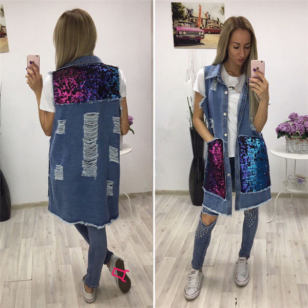 Γυναικείο τζιν γιλέκο με υπέροχες λαμπερές πούλιες