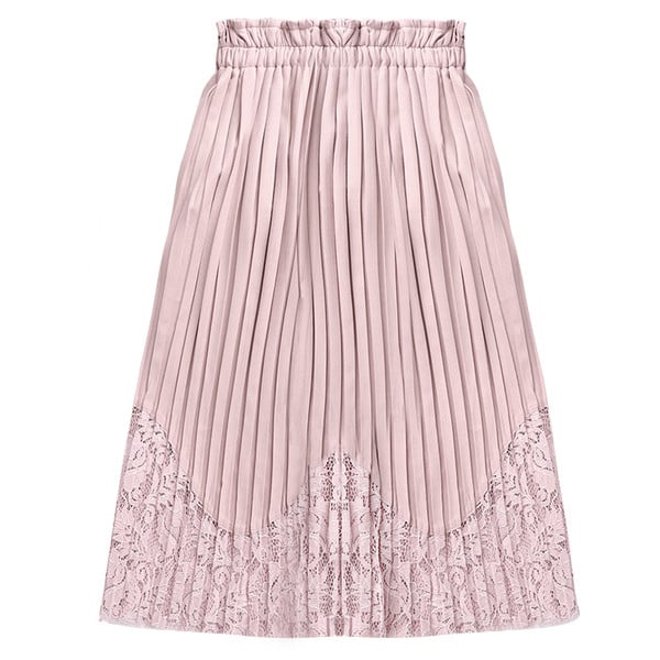 Широк детски панталон плисиран за момичета, завършващ с дантела, в розов и черен цвят