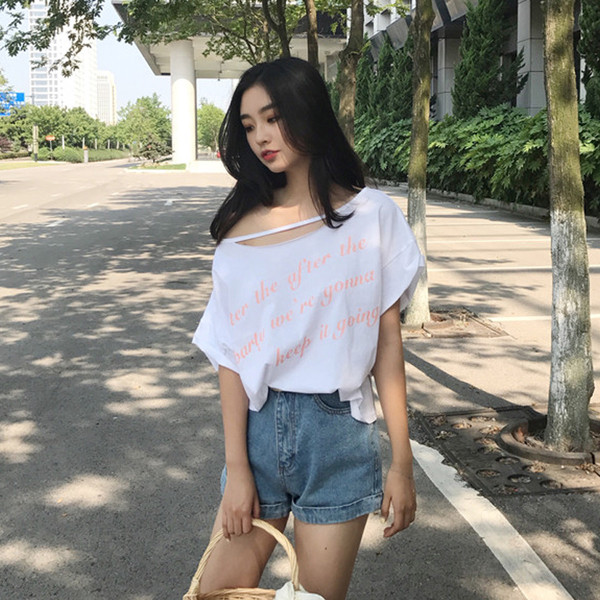 Καλοκαίρι Κυρίες Μπλούζα freestyle με γυμνά ώμους και επιγραφές στα λευκά