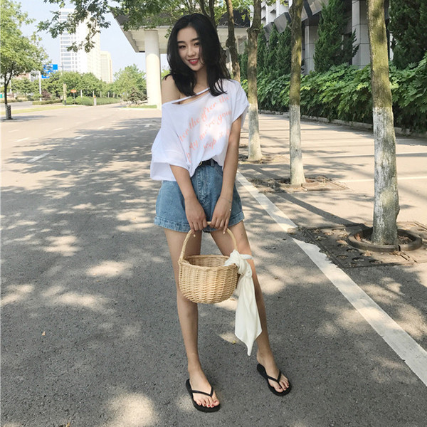 Καλοκαίρι Κυρίες Μπλούζα freestyle με γυμνά ώμους και επιγραφές στα λευκά