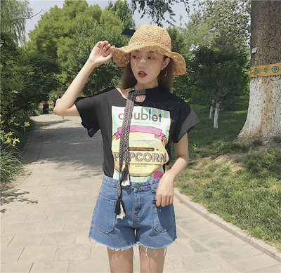 Καλοκαίρι Κυρίες Μπλούζα με απλικέ σε άσπρο μαύρο και γκρι