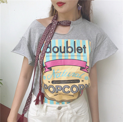 Καλοκαίρι Κυρίες Μπλούζα με απλικέ σε άσπρο μαύρο και γκρι