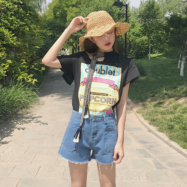 Καλοκαίρι Κυρίες Μπλούζα με απλικέ σε άσπρο μαύρο και γκρι