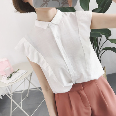 πουκάμισο φρέσκα γυναικεία, κατάλληλο για το καλοκαίρι με κοντά μανίκια, λευκό και μπεζ