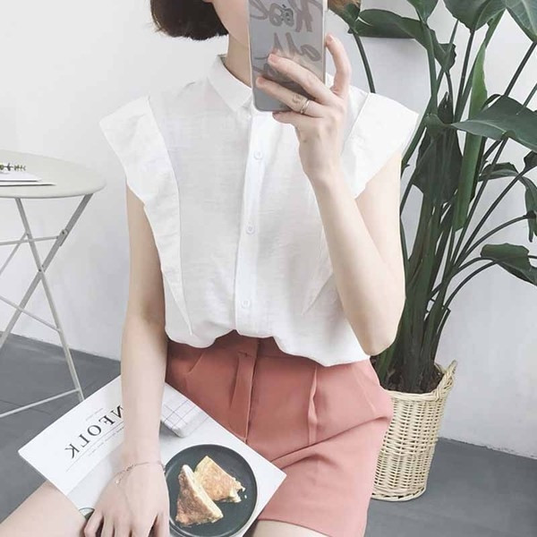 πουκάμισο φρέσκα γυναικεία, κατάλληλο για το καλοκαίρι με κοντά μανίκια, λευκό και μπεζ