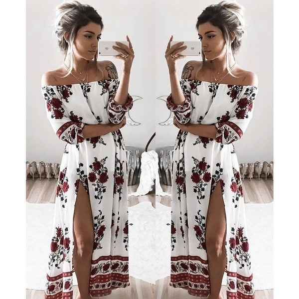 Μποέμ σιφόν φόρεμα με γυμνά ώμους