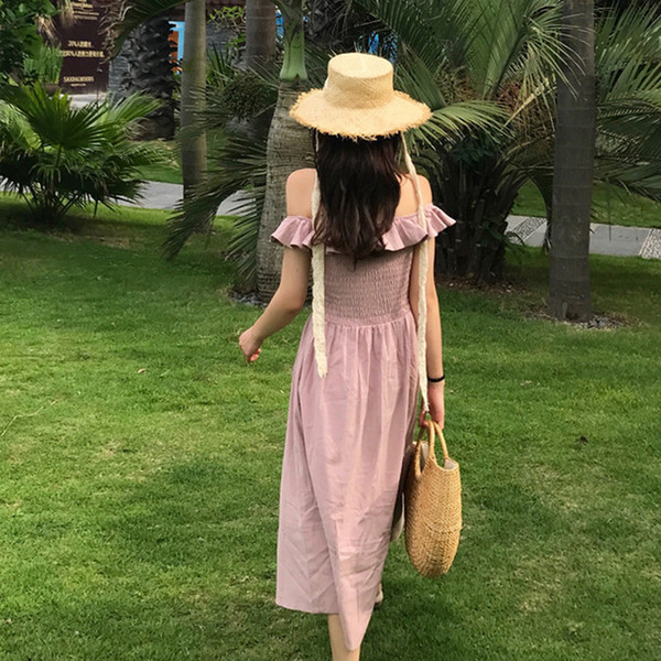 Φρέσκα και απλή κυρίες φόρεμα με έναν ώμο και το μήκος αστράγαλο, Ροζ