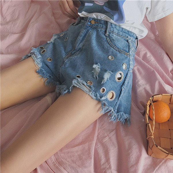 Σύντομη κυρίες παντελόνι διακοσμημένο με μεταλλικά δαχτυλίδια με υψηλή μέση και μπλε