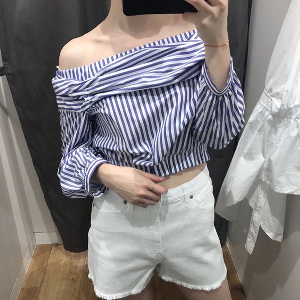 shirt το καλοκαίρι κυρία με έναν ώμο σε ριγέ στο χρώμα - μεγάλο μοντέλο