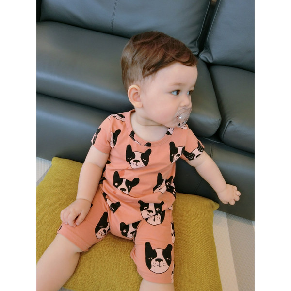 Γλυκό παιδικό σετ από δύο κομμάτια - μπλούζα και σορτς με εικόνες κουτάβι