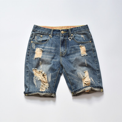 Мъжки къс дънков панталон, накъсан в син цвят