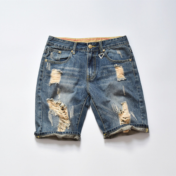 Мъжки къс дънков панталон, накъсан в син цвят