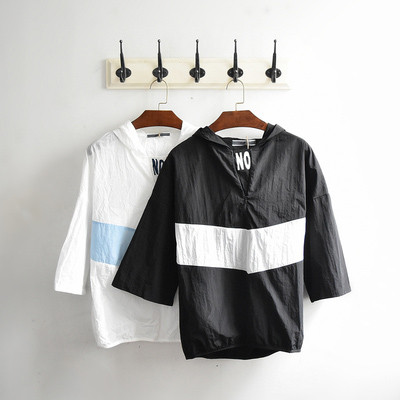 Лятна мъжка блуза с 3/4 ръкав и качулка, в бял и черен цвят