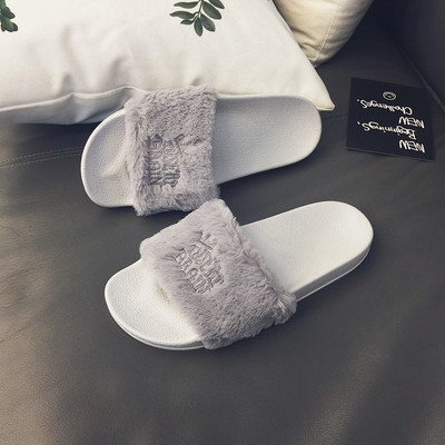 Мъжки гумени чехли с пух в сив и черен цвят