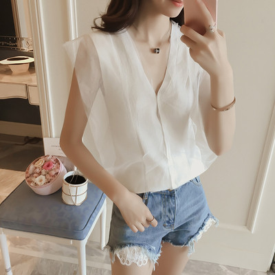 Κομψή κυρίες ματιών αμάνικο πουκάμισο με V-λαιμός