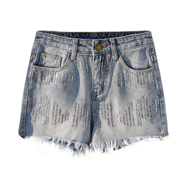 Γυναικεία σορτς με πούλιες σε μπλε και γκρι και ελαφρώς σχισμένες