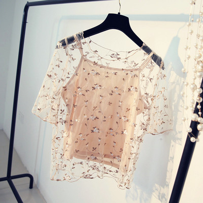 Διαφανής κυρίες μπλούζα διακοσμημένα σε γκρι και μπεζ