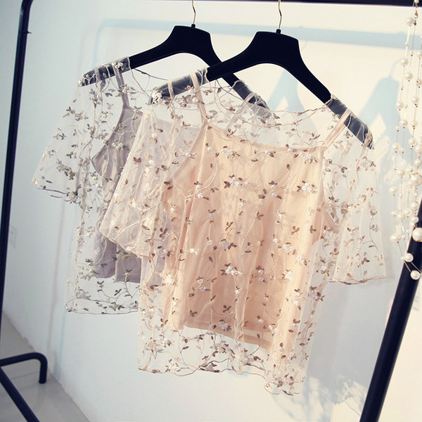 Διαφανής κυρίες μπλούζα διακοσμημένα σε γκρι και μπεζ