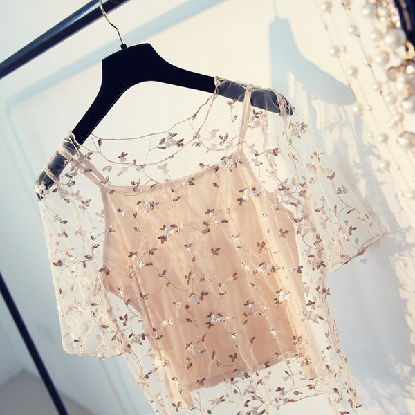 Διαφανής κυρίες μπλούζα διακοσμημένα σε γκρι και μπεζ