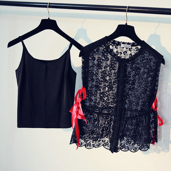 Lacy κυρίες γιλέκο σε μαύρο και λευκό με κορδέλες