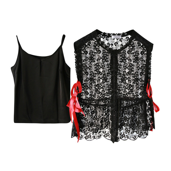 Lacy κυρίες γιλέκο σε μαύρο και λευκό με κορδέλες