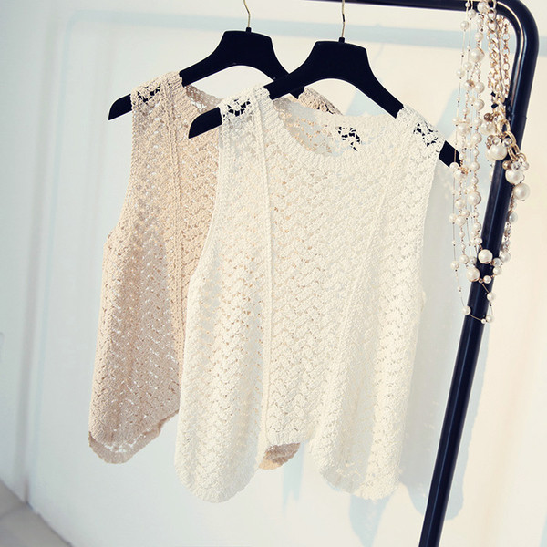 Καλοκαίρι πλεκτό γιλέκο για γυναίκες σε λευκό και μπεζ